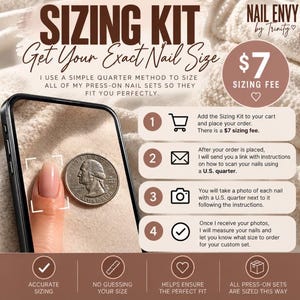 May include: A digital sizing kit guide for press-on nails featuring the text Nail Envy by Trinity, Sizing Kit, Get Your Exact Nail Size, and a four-step process using a U.S. quarter for scale. The graphic includes icons for a cart, envelope, camera, and checkmark.