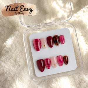 May include: A set of ten press-on nails in a clear plastic case, featuring various designs including solid deep red, translucent pink, a pink crocodile texture, a small floral accent, and a brown tortoiseshell pattern, with the text Nail Envy By Trinity.