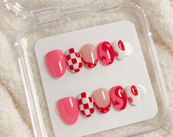 Red & Pink Checker Heart Press-On Nails | Valentine's Day Handmade Nail Set
