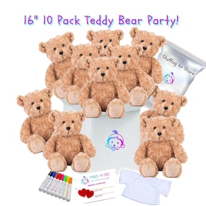 May include: A set of ten 16-inch light brown plush teddy bears arranged around a white box. Includes a bag labeled Stuffing to Share, a white t-shirt, a set of colorful markers, and a Make-A-Pet adoption certificate with two red heart stickers.