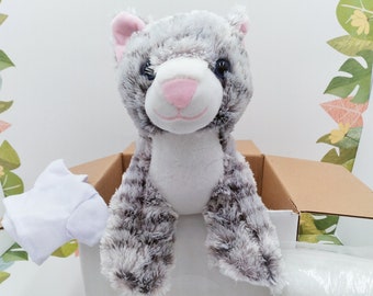 10" Unstuffed Kitty Cat Kit  with White T-shirt,  Kitty Cat Plushie, Stuff your own Cat, Kids Birthday Party Kit, Make your own Cat