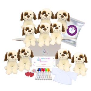 May include: A collection of plush puppy toys with brown and cream coloring. The image includes a box of puppies, markers, a white t-shirt, and an adoption certificate. The packaging includes the text "MAKE-A-PET".