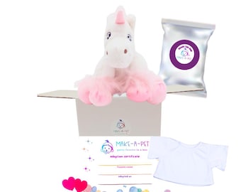 Unstuffed White Unicorn Plushie Kit, T-shirt, Stuffing, Adoption Certificate,