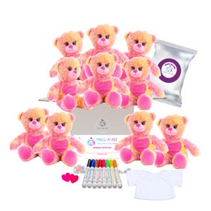 May include: A collection of plush teddy bears with pink and yellow fur, arranged around a box. The bears have pink paws and chests. Also included are markers, a white t-shirt, and a bag with a purple logo that says "MAKE-A-PET".