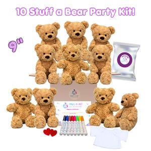 May include: A 10-piece stuff-a-bear party kit featuring 9-inch light brown plush teddy bears, a white t-shirt, colorful markers, two small red felt hearts, adoption certificates, and a silver pouch with a circular logo labeled Make-A-Pet.