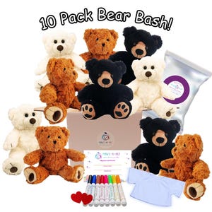 May include: A collection of teddy bears in various colors, including white, brown, and black, with the text "10 Pack Bear Bash!". The set includes markers, a small white t-shirt, and adoption certificates.
