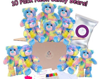 10 Pack Make Your Own 10&quot; Neon Candy Bear Party Kit With or Without Shirts or Bandanas Teddy Plushie Make a Bear Kids Birthday Party Favor