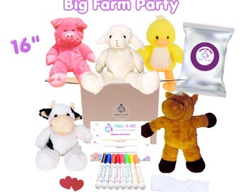 5 Pack, 16 Inch, Stuff Your Own Farm Plushie Party Favor Kit, Optional Shirts