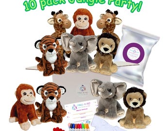 10 Pack Make your own ECO Wild Jungle Party Kit T-shirts 10&quot; Giraffe, Elephant, Lion, & Monkey Plushies Stuff Your Teddy Party Favor