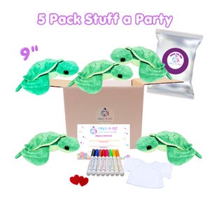 May include: A 5-pack Stuff a Party kit featuring five 9-inch green plush turtles, a cardboard box, a silver bag, an adoption certificate, seven colored markers, two small red felt hearts, and a plain white t-shirt for the plush toys.
