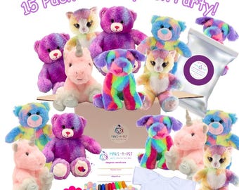 15 Pack Make Your Own 9"  Mix Color Splash Party Kit with or without Shirts Unicorn Plushie Kit Kids Party Kit Princess Party Favor Birthday