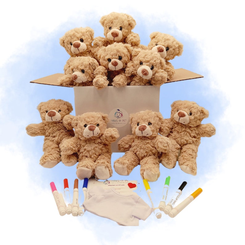 10 Pack Make Your Own Fuzzy Teddy Bear Party Kit White T-shirts 10 Bear Plushie Stuff Your Own Bear Make a Bear Kids Birthday Party Favor image 4