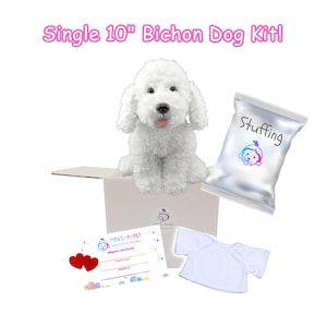 May include: A white Bichon Frise dog kit, including a plush dog, stuffing, a t-shirt, and an adoption certificate. The plush dog is approximately 10 inches tall. The kit is designed for creating a stuffed animal.
