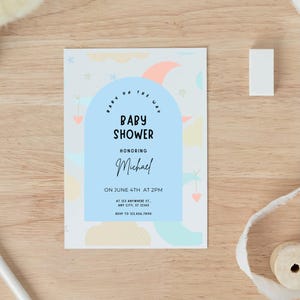 Modello di invito per baby shower stampato in blu, invito per neonato, modello stampato o modificabile all'istante, invito per baby shower