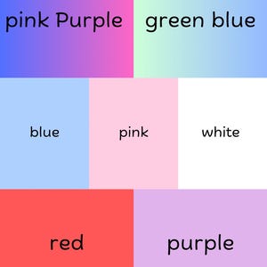 Puede incluir: Una tabla de colores con las palabras "pink Purple", "green blue", "blue", "pink", "white", "red" y "purple" escritas en negro.