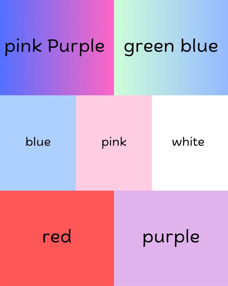 Puede incluir: Una tabla de colores con las palabras "pink Purple", "green blue", "blue", "pink", "white", "red" y "purple" escritas en negro.