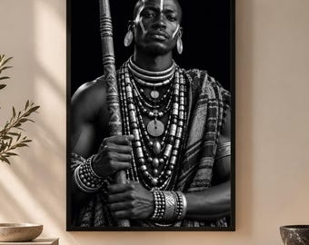 Black and White African Portrait, Afrocentric Wall Art, Tribal Beadwork, Modern Monochrome Decor