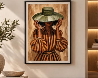 Black Woman Portrait, African Boho Wall Decor, Olive Green Hat, Modern Afrocentric Print