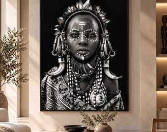 African Woman Portrait, Black and White Tribal Wall Art (Digital Download)