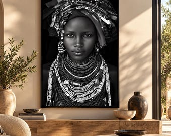 Black and White African Wall Art, African American Portrait, Tribal Beadwork Decor, Digital Print