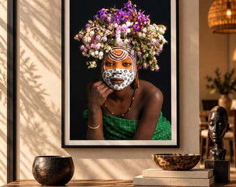 African Woman Portrait, Floral Headdress, Colorful Afrocentric Wall Decor, Tribal Print