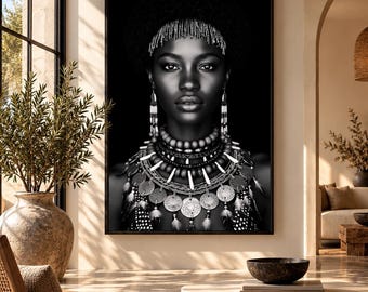 Black Woman Portrait, African Beaded Jewelry Print, Afrocentric Monochrome Wall Art, Modern Tribal Decor