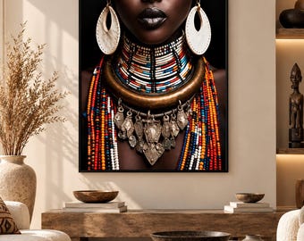 African Woman Wall Art, Tribal Jewelry Portrait, Colorful Afrocentric Decor, African Art Print