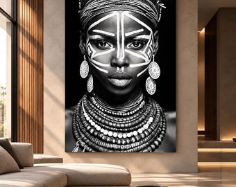 Black Woman Wall Art, African Portrait, Tribal Afrocentric Decor, Black and White Printable