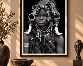 African Woman Portrait, Black and White Tribal Decor, Afrocentric Wall Art Print