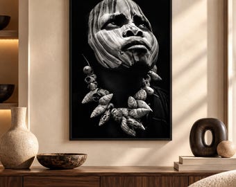 African Woman Portrait, Black and White Tribal Decor, Afrocentric Wall Art Print