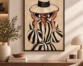 Black Woman Wall Art, African Portrait, Striped Outfit, Modern Afrocentric Decor