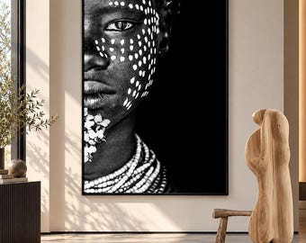 African Tribal Portrait – Black and White Wall Art – Ethnic Decor – Digital Download Print