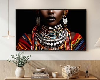 African Tribal Woman Art Print | Colorful Jewelry Portrait | Afrocentric Wall Decor | Digital Download