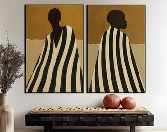 African Silhouette Art Set with Bold Stripes, Minimalist Abstract Wall Art , Digital Print