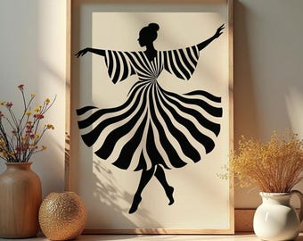 Black and White Striped Dress Woman Art: Modern Silhouette (Digital Download)