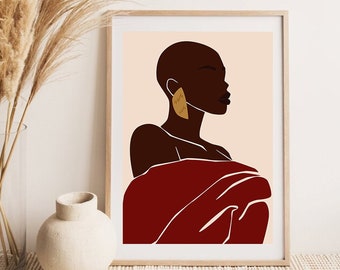May include: Abstract art print featuring a woman with a bald head and a large gold earring. She is wearing a red garment and has a neutral expression. The background is a light peach colour.