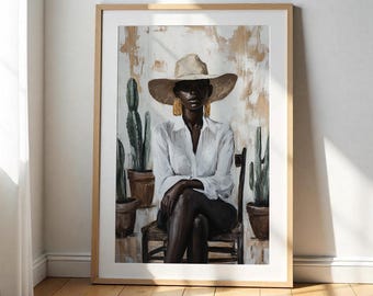 Hat and Cactus Woman Portrait Art Print, Modern Boho Digital Wall Decor, Neutral Style