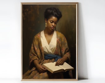 Black Woman Reading Art: Vintage Oil Painting Print (Digital Prints)