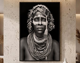 African Tribal Woman Portrait, Black White Wall Art, Ethnic Photography Digital Download, Home Decor
