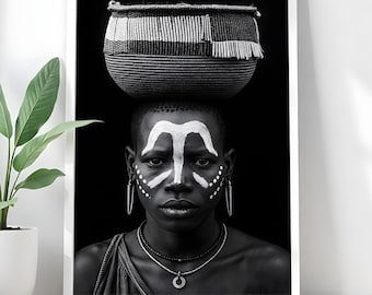 African Tribal Woman Art Print: Black and White Ethnic Decor (Digital Download)