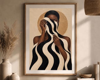 Black Woman Abstract Portrait, Beige Black Minimalist Art (Digital Download)
