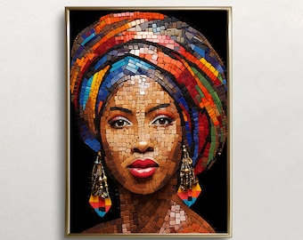 Black Woman Mosaic Art Print, Colorful African Portrait (Digital Download)