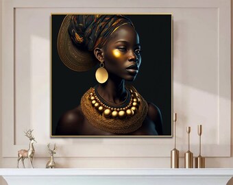 Gold Black Woman Portrait Art Print, African Wall Decor (Digital Download)