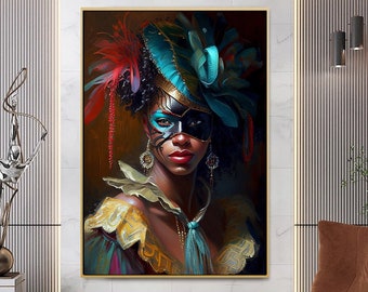 Puede incluir: Una pintura de retrato de una mujer de piel oscura que lleva un sombrero de plumas azul y verde y una máscara negra con detalles dorados. La mujer mira hacia la izquierda del espectador. El fondo es marrón oscuro.