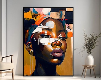 May include: Abstract painting of a woman's face with colourful geometric shapes and patterns. The woman has dark skin and is wearing a colourful head wrap. The background is a mix of yellow, orange, and brown.