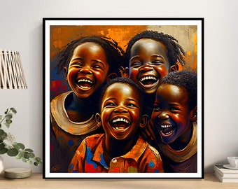 May include: A painting depicting four children with dark skin laughing. All the children are smiling with their eyes closed. The painting is done in a colourful style with a warm background.