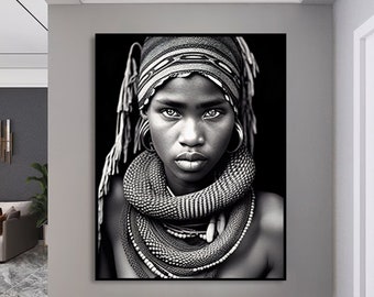 Tribal , Ethnic decoration , Artwork print , Lady art , African woman art , Black and white poster ,Digital wall art , Printable wall art ,