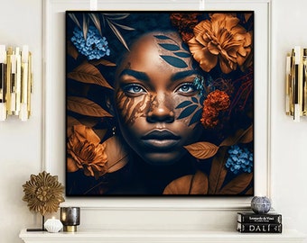 Floral Black Girl Portrait, Printable Wall Art (Digital Download)