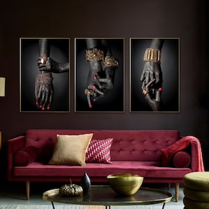 Luxury African Hand Jewelry Art Set, Black Gold High Fashion Digital Wall Print Decor