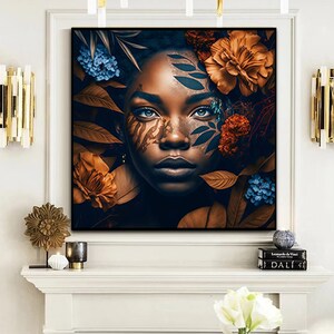 May include: A digital painting of a woman's face with blue eyes and brown skin. The woman's face is surrounded by brown and blue flowers and leaves.